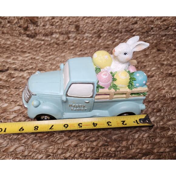 Happy Easter Bunny Blue Vintage Style Truck Tabletop Decoration Glitter Eggs New - Picture 6 of 8